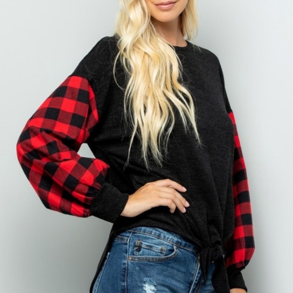 Say No More Buffalo Plaid Front Tie Sweater Top - Picture 3 of 6